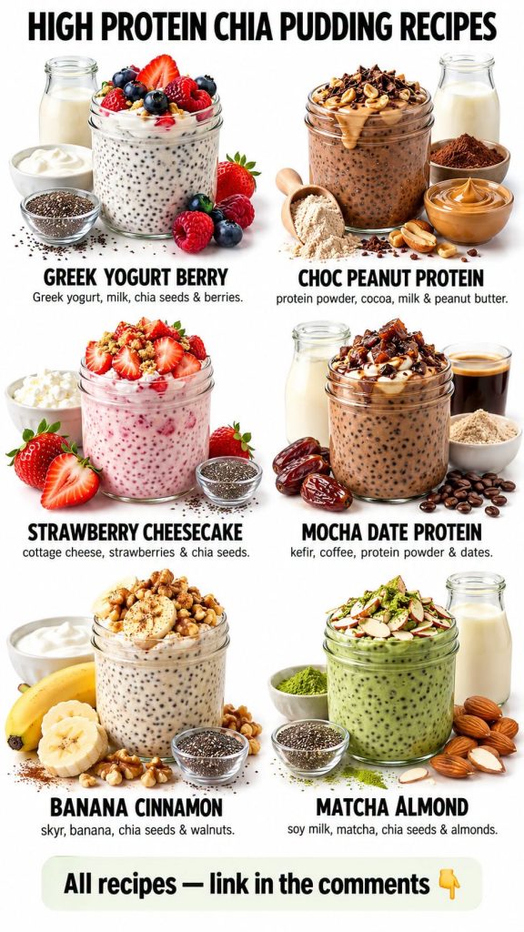A vibrant collage of six different high-protein chia pudding recipes each in a glass jar surrounded by its main ingredie