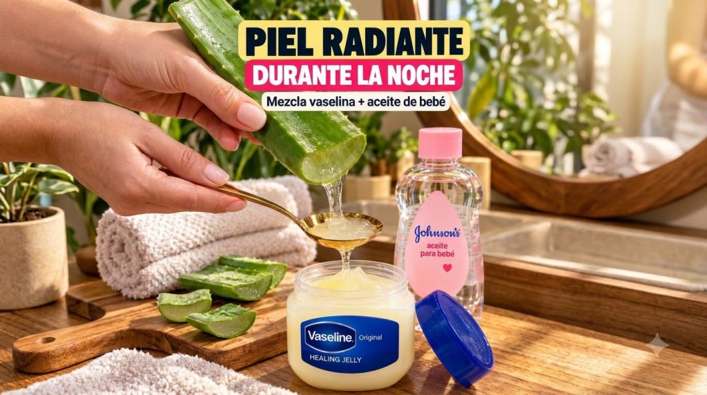 Una mano exprime gel de aloe vera fresco de una hoja directamente sobre una cuchara dorada que luego vierte el gel en un