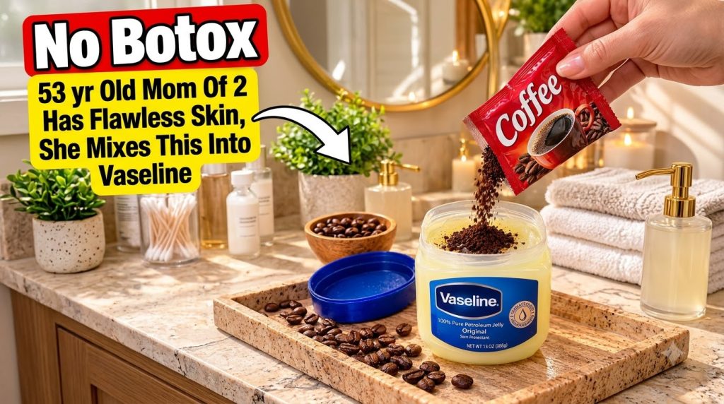A close-up of a hand pouring instant coffee grounds from a red sachet into a large jar of Vaseline Petroleum Jelly Coffe