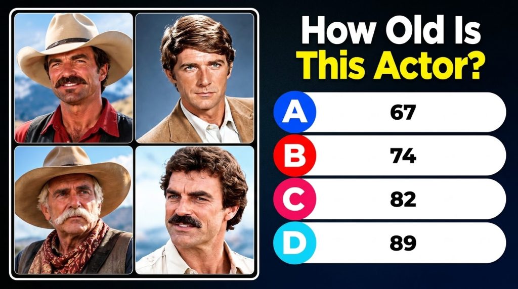 A quiz layout with four male actor portraits and a question How Old Is This Actor with age options 67 74 82 89 against a