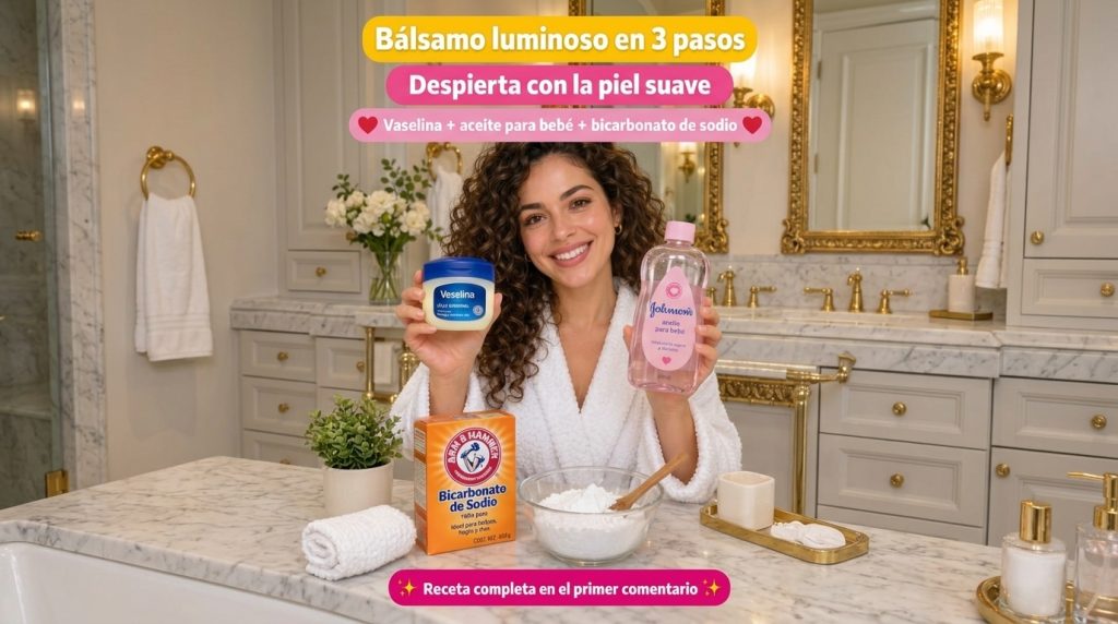 A smiling woman in a white bathrobe holding a bottle of baby oil and a jar of petroleum jelly with baking soda and a bow