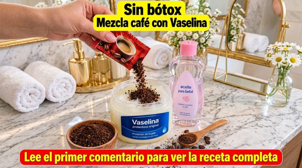 A hand pouring instant coffee granules from a red sachet into a clear jar with petroleum jelly on a light countertop wit