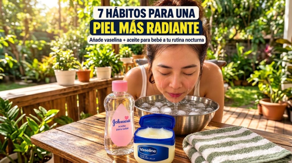A person rinsing their face with ice water with baby oil and Vaseline prominently displayed nearby