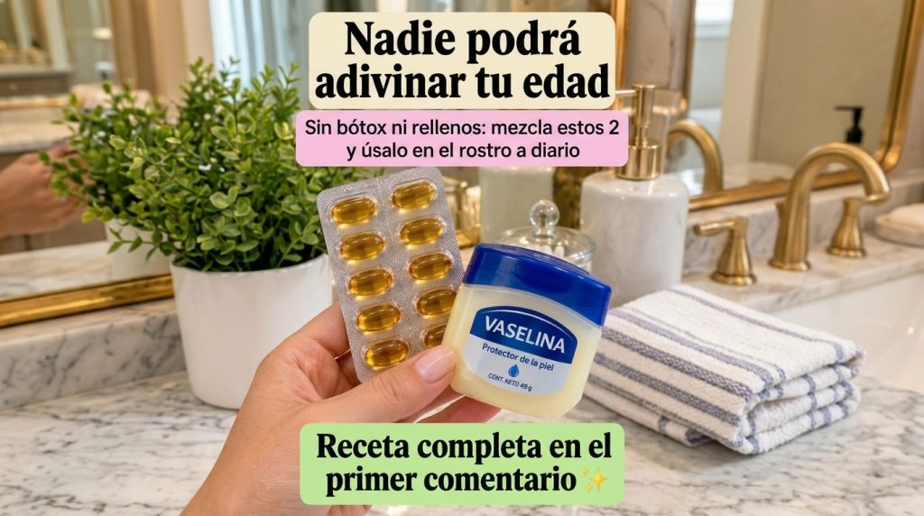 Close-up of a hand holding a blister pack of amber-colored vitamin E capsules and a small jar of Vaseline petroleum jell