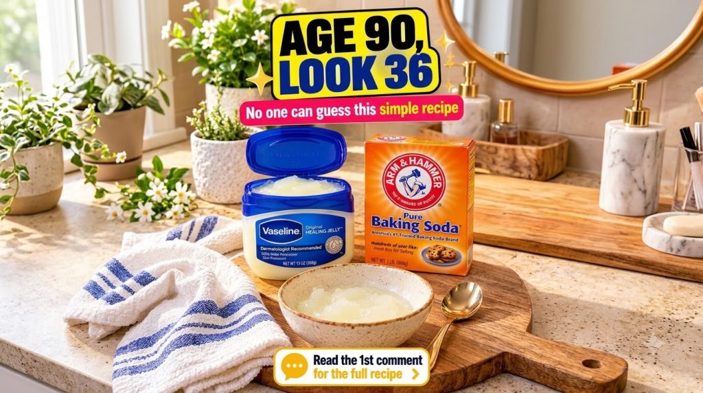 An open jar of Vaseline a box of baking soda and a small bowl with a mixture of both ingredients accompanied by a golden