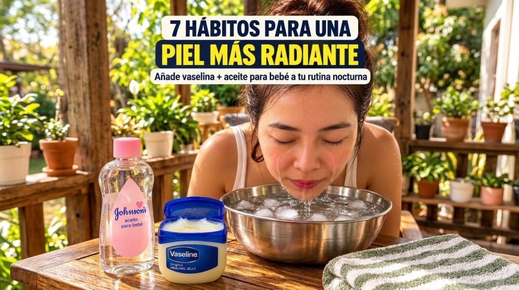 A woman is shown rinsing her face with ice water with bottles of Vaseline and Johnson s baby oil prominently displayed i