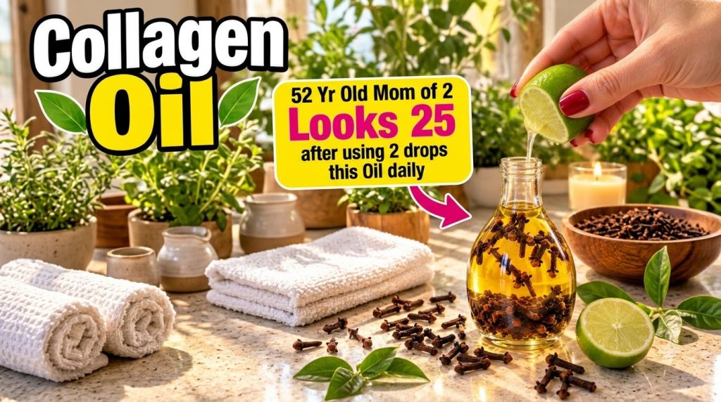 A glass bottle of golden oil infused with cloves with a hand squeezing fresh lime juice into it Surrounding elements inc