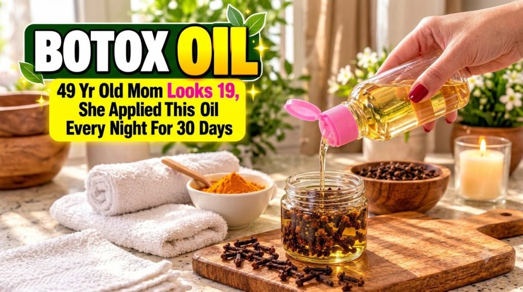 A hand pouring golden baby oil into a glass jar filled with whole cloves Turmeric powder and more cloves are scattered a