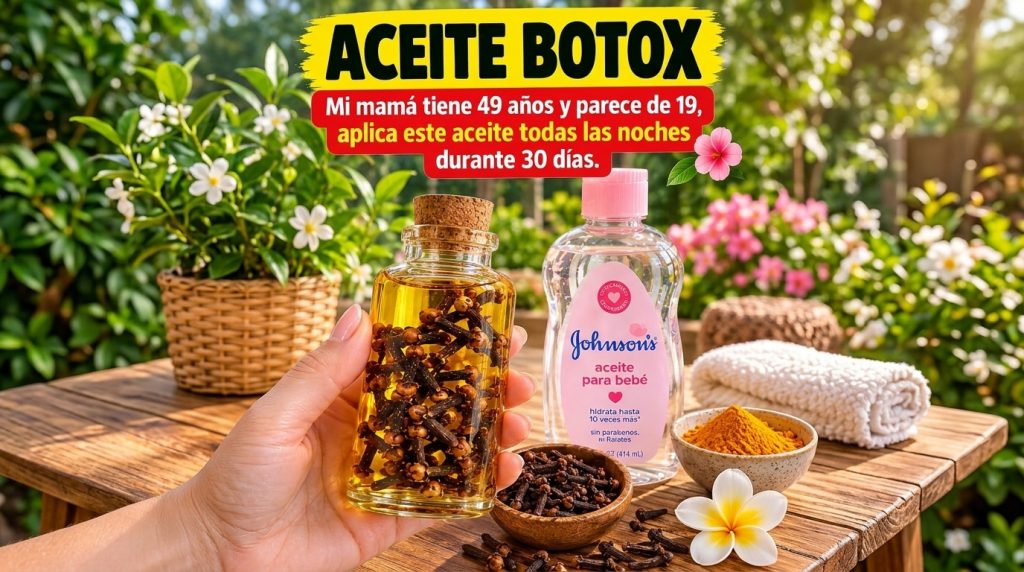 A hand holding a glass bottle of homemade clove oil with other ingredients like baby oil whole cloves and turmeric in th