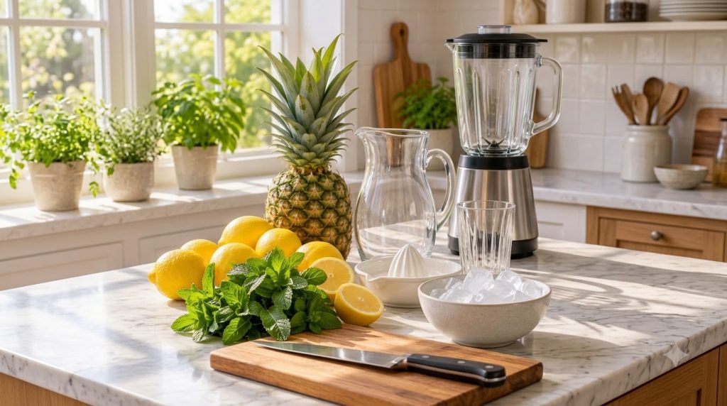 A pitcher of refreshing pineapple mint lemonade with lemon slices pineapple chunks and fresh mint leaves