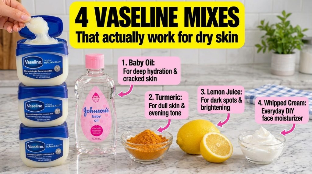 A clear product shot for a DIY skincare guide It features a stack of four Vaseline jars with the top one open and a hand