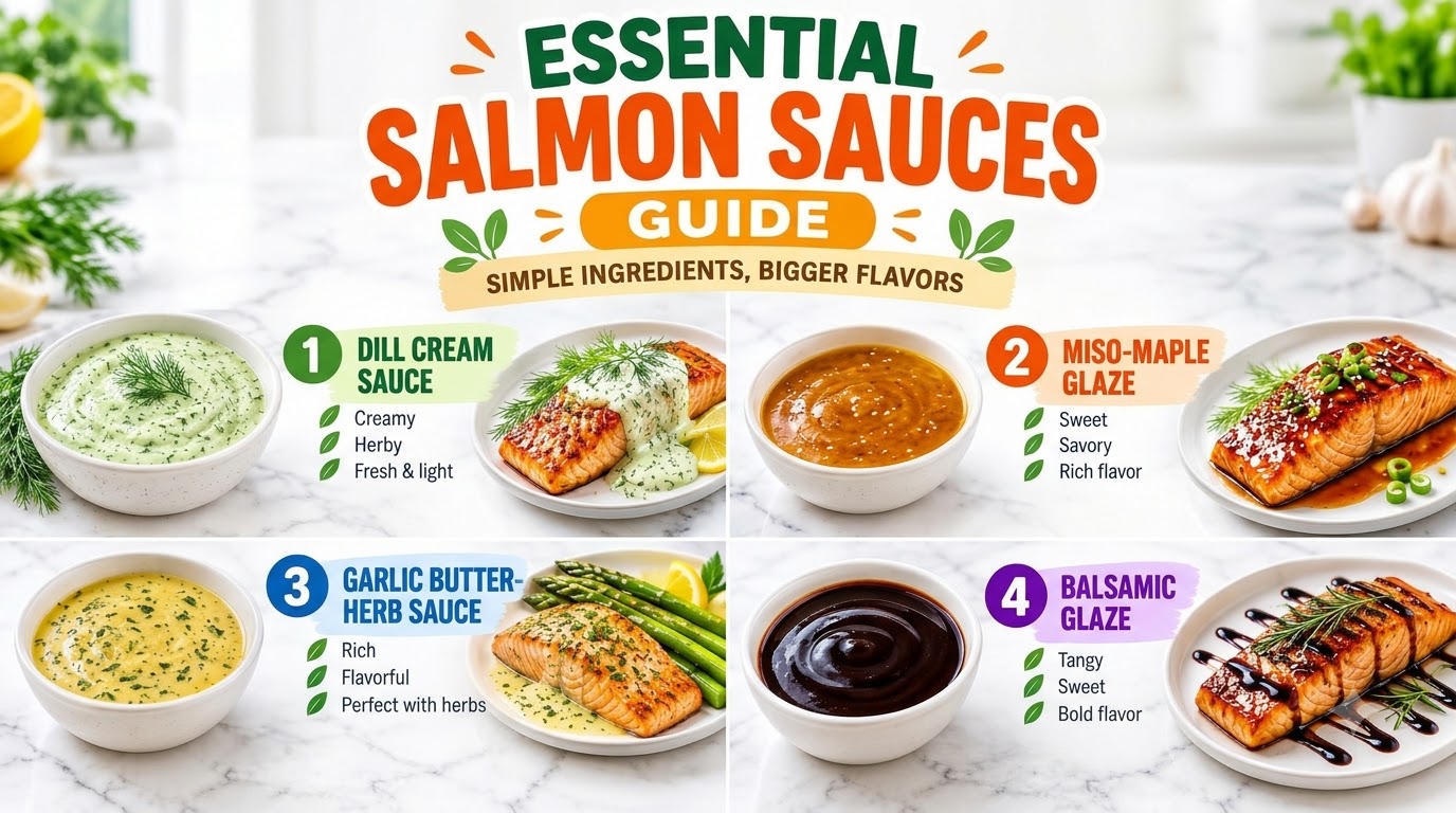 A vibrant bowl of yellow lemon-dill sauce next to a perfectly cooked salmon fillet garnished with fresh dill sprigs and