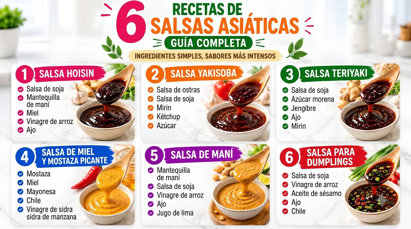 An infographic showcasing six distinct Asian sauce recipes with each section featuring a bowl of sauce a wooden spoon dr