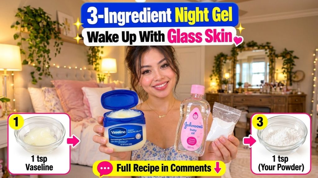 A smiling woman holding an open tub of Vaseline a bottle of Johnson s Baby Oil and a small baggie of white rice powder w