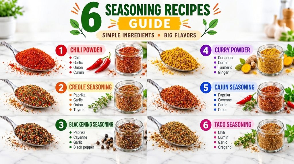 A grid of six homemade seasoning recipes each with a spoon of the blend a jar and whole ingredients like chili thyme pep