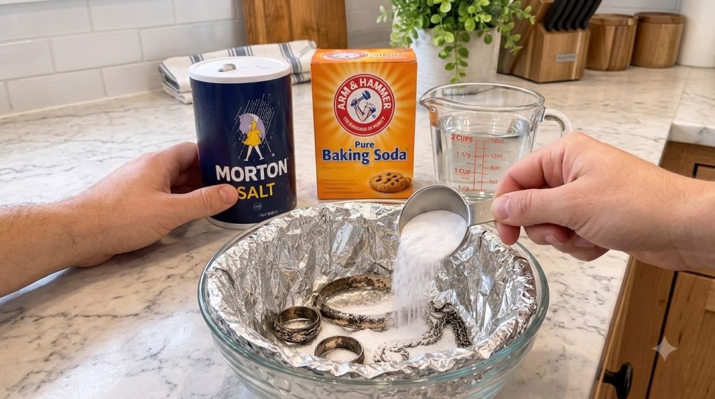 A close-up of tarnished silver jewelry in a glass bowl lined with aluminum foil with a hand pouring baking soda over it 