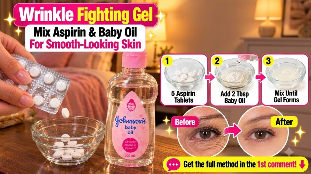 A hand dropping an aspirin into a small bowl next to a bottle of baby oil with small bowls showing a three-step mixing p