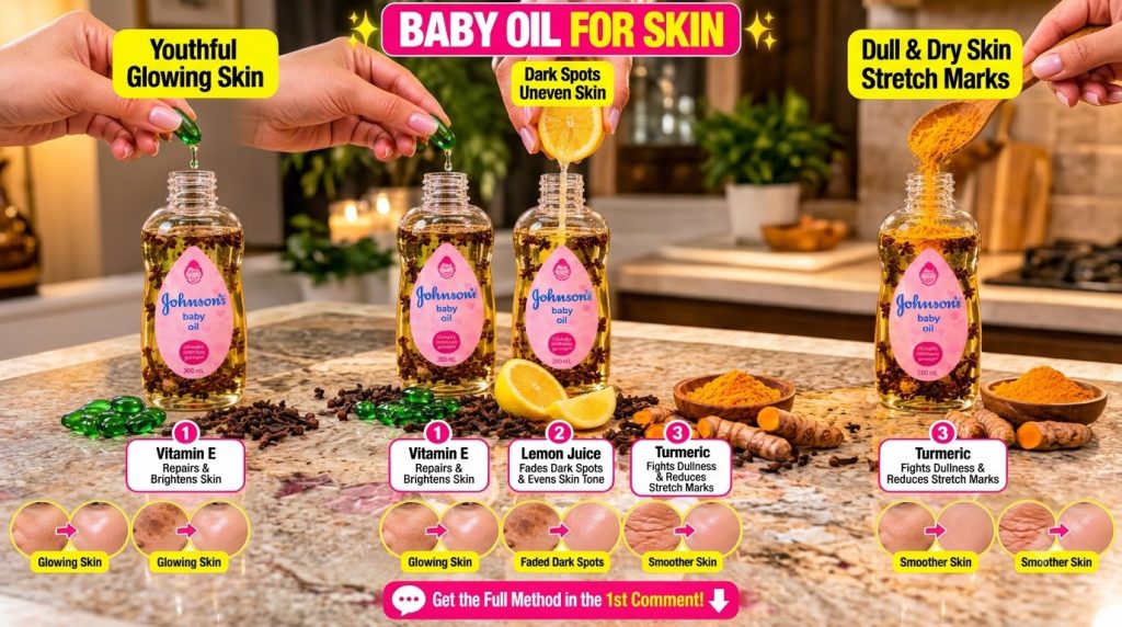 Three bottles of Johnson s Baby Oil each being infused with Vitamin E capsules lemon juice and turmeric powder by hands 