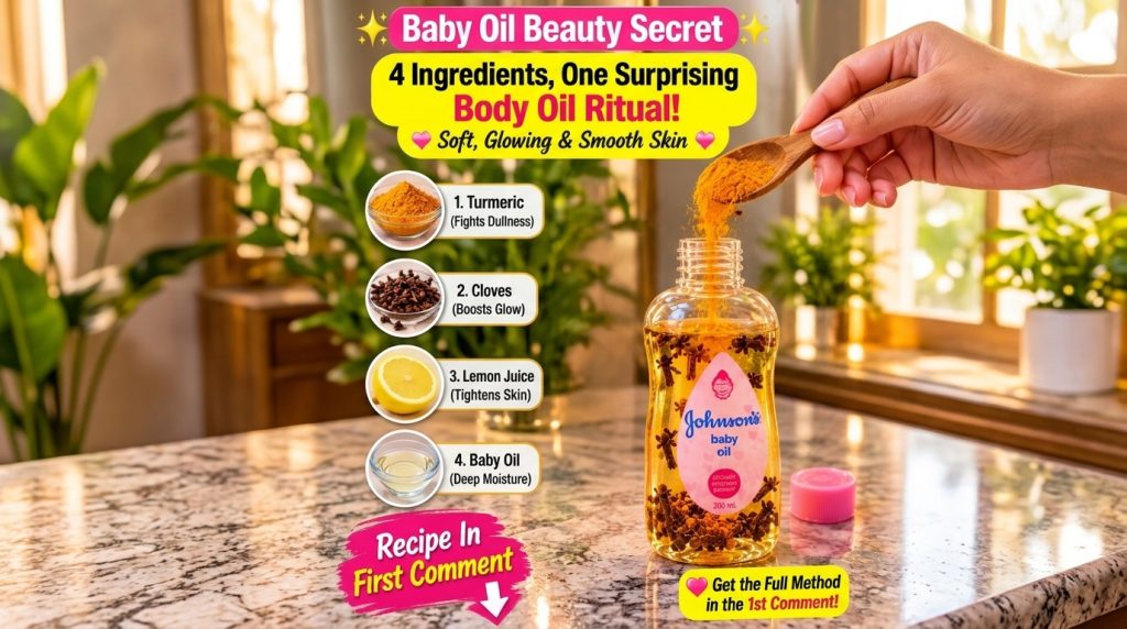 A hand pouring turmeric powder into a bottle of baby oil that already contains cloves with fresh lemon wedges beside it