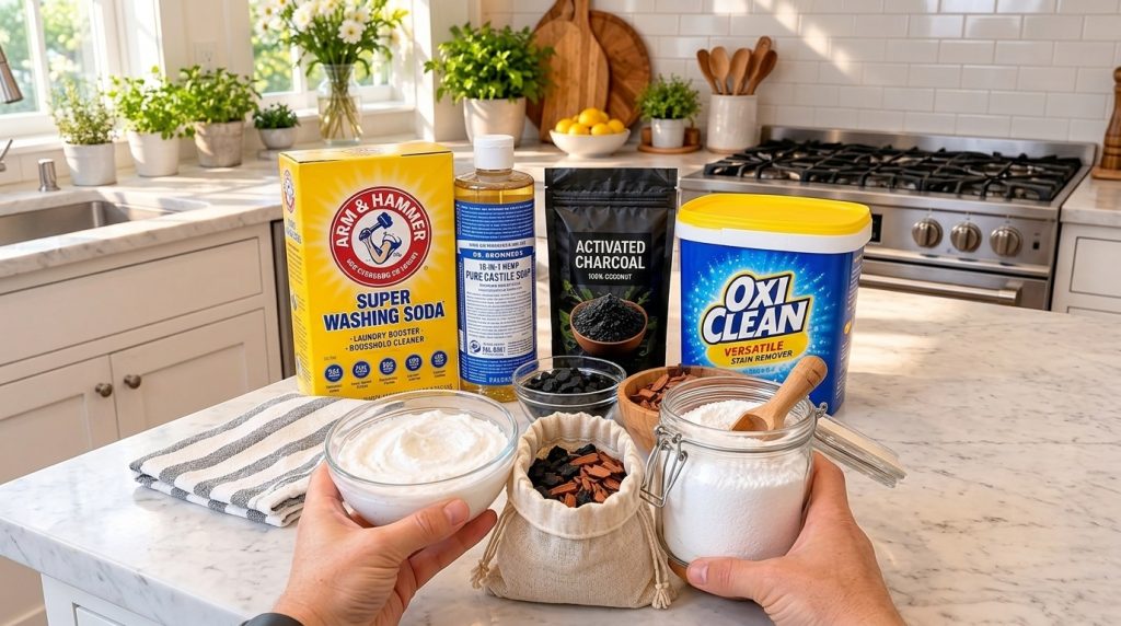 A collection of natural cleaning supplies on a bright marble kitchen counter including washing soda castile soap activat