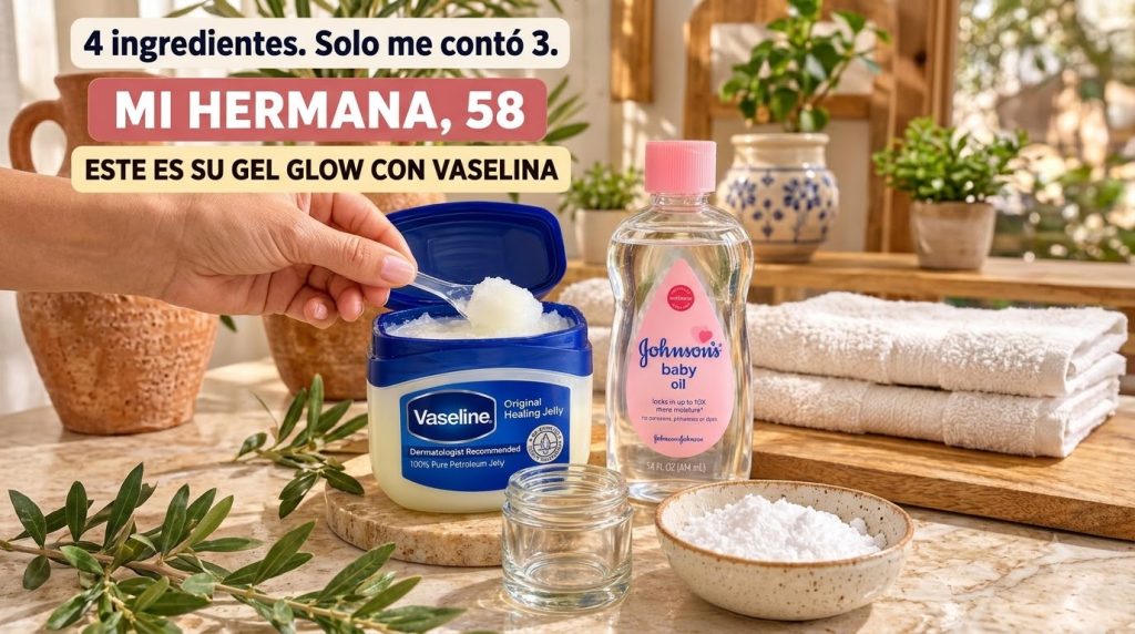 A flat lay composition featuring an open tub of Vaseline a bottle of Johnson s baby oil a small empty glass jar and a bo