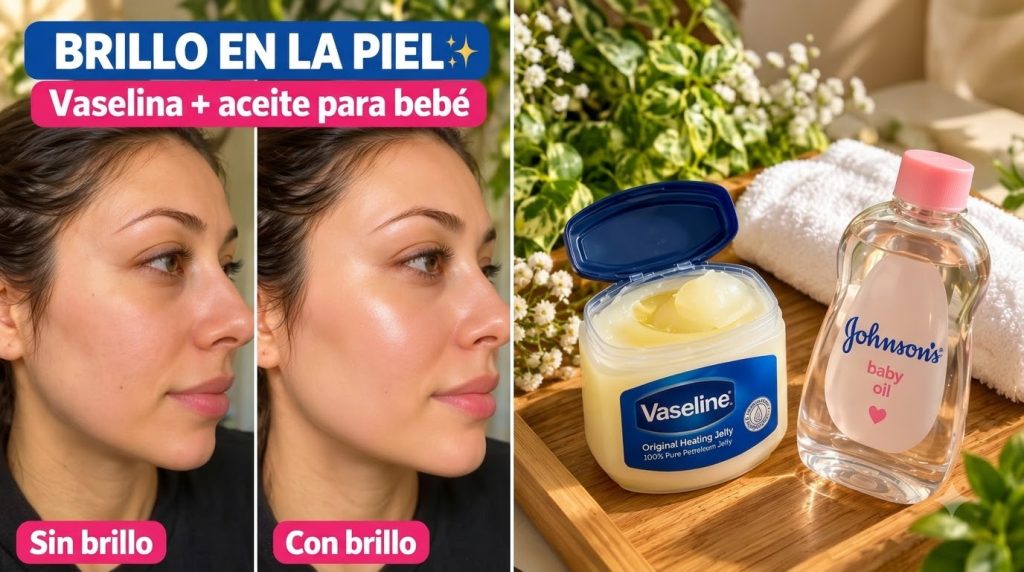 Before-and-after comparison of a woman s face showing skin without shine and with shine with an open tub of Vaseline and