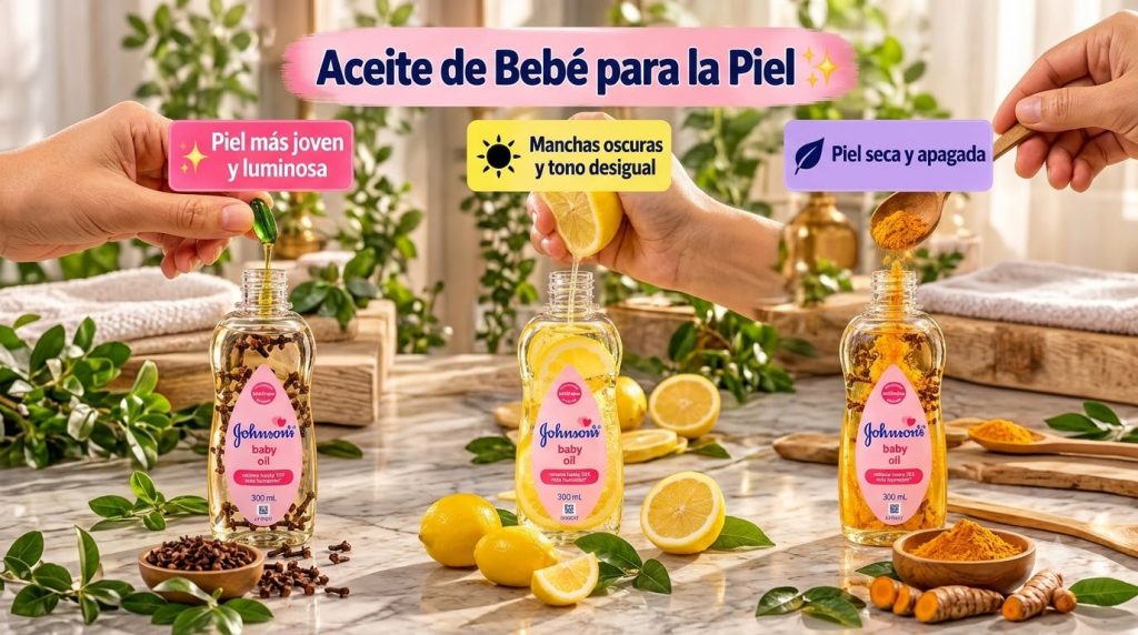 Three Johnson s baby oil bottles each infused with natural ingredients one with cloves one with lemon slices and one wit