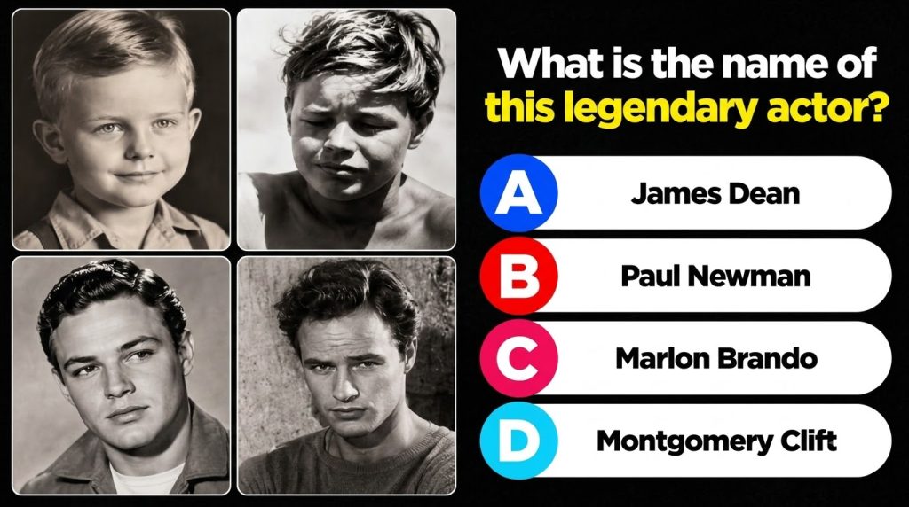 A 2x2 grid of four black and white portraits of Marlon Brando at different stages of his life from childhood to young ad