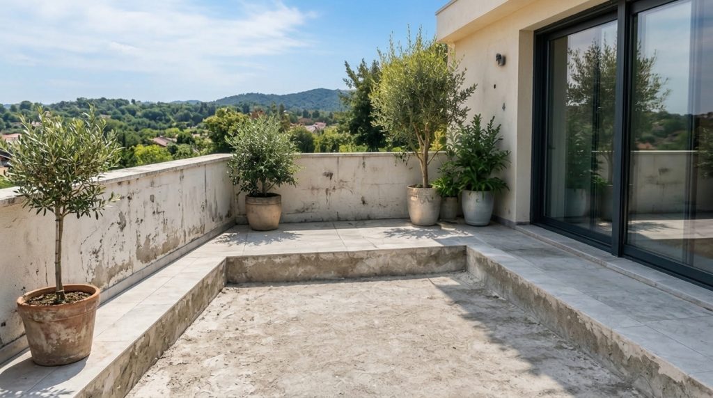 A beautiful elevated swimming pool in a cozy backyard surrounded by elegant steps lush greenery and subtle water feature