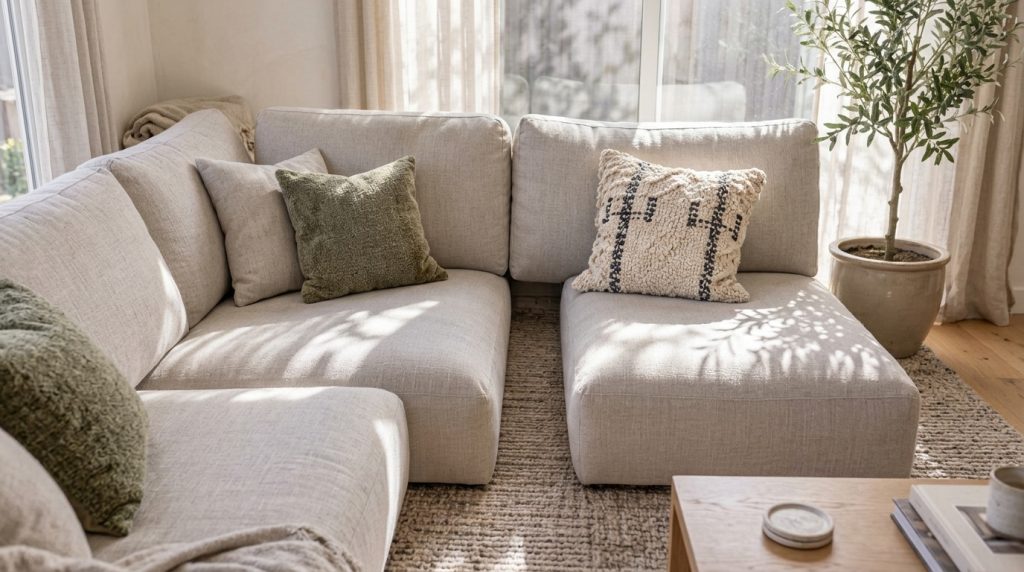 A wooden DIY sofa tray table placed between two cushions on a cozy gray sofa holding a cup of coffee a book and a small 