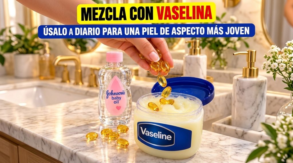 A hand dropping golden vitamin E capsules into a jar of Vaseline with a bottle of Johnson s baby oil next to it on a mar