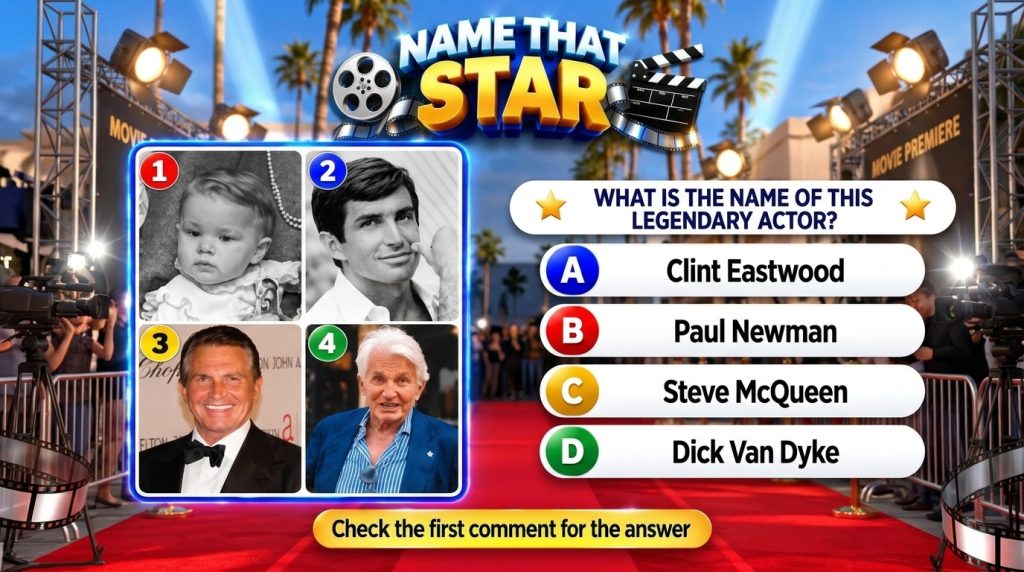A mobile game screen for a Name That Star quiz featuring four photo squares of Dick Van Dyke at different ages baby youn