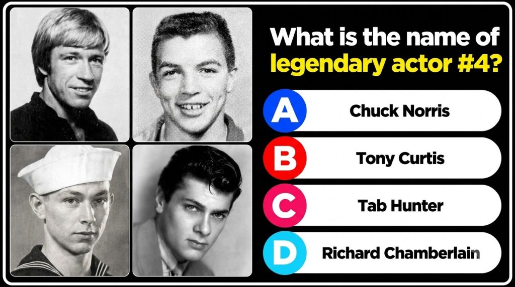 A black and white quiz graphic featuring four historical headshots of young actors Chuck Norris top-left Tab Hunter top-