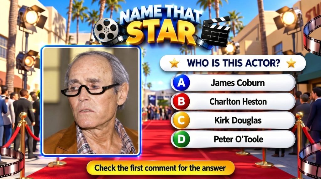 Portrait of an elderly male actor with glasses framed by a blue border against a vibrant red carpet event background wit