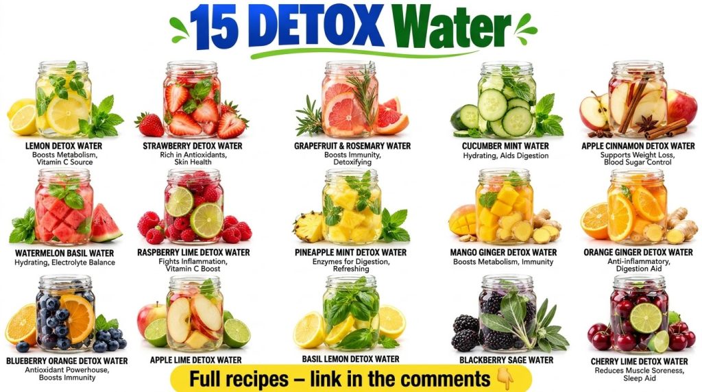 A vibrant collage of 15 different detox water recipes each in a glass mason jar filled with water and various combinatio