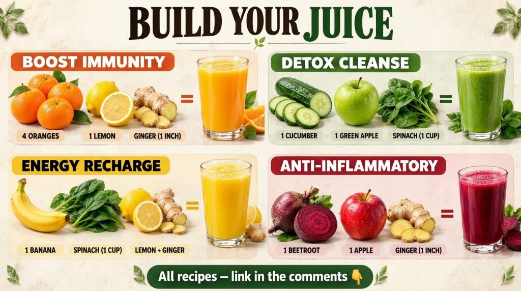 An array of fresh fruits and vegetables like oranges carrots ginger beetroot apples lemons spinach cucumber pineapple an