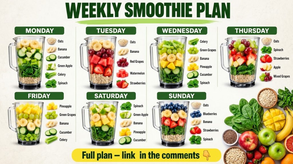 A grid of seven blenders each displaying layered ingredients for a different smoothie representing a weekly smoothie pla