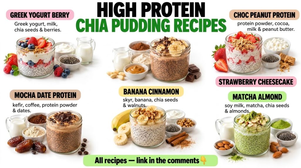 Six different high-protein chia pudding recipes in glass jars with their ingredients around them arranged in a clean bri