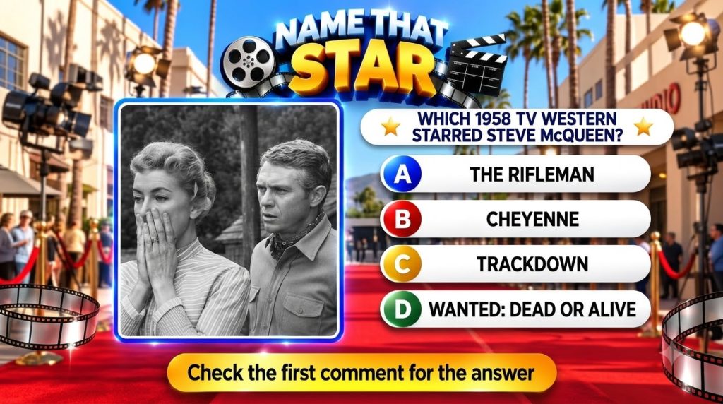 A mobile game screen featuring a black and white image of Steve McQueen from a classic TV Western with a quiz question b