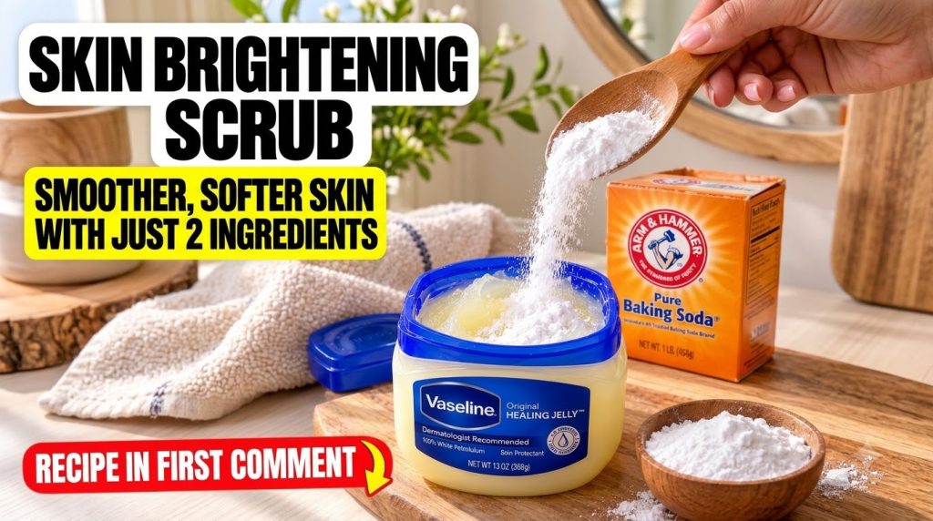 A close-up of a glass jar of Vaseline and a box of baking soda on a clean light surface A wooden spoon is gently pouring