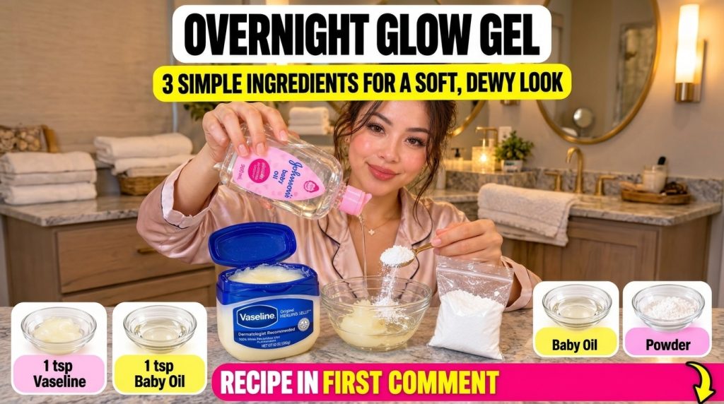 A woman is mixing Vaseline baby oil and white rice powder in a clear bowl in a well-lit bathroom