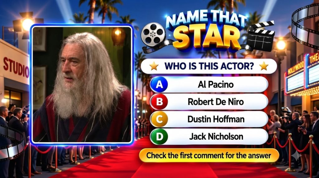 A Name That Star quiz screen featuring an older man with long white hair and a beard wearing a striped robe centrally fr