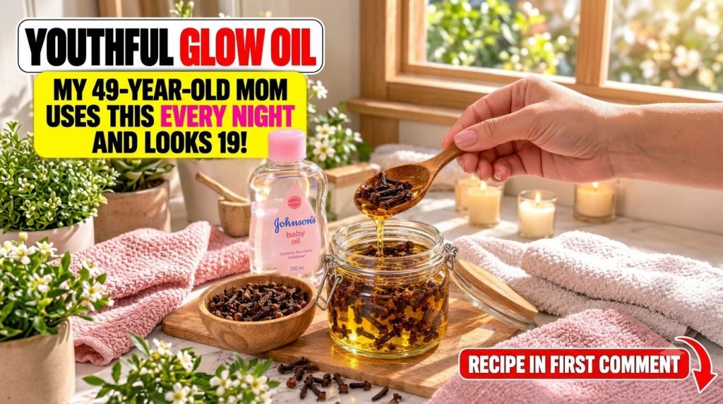 A close-up of a homemade beauty oil with cloves in a glass jar next to baby oil and dried cloves with a natural backgrou