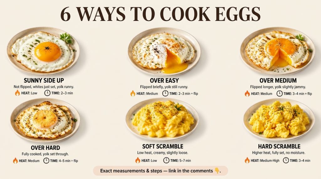 An infographic showing six different egg preparations Sunny Side Up Over Easy Over Medium Over Hard Soft Scramble and Ha