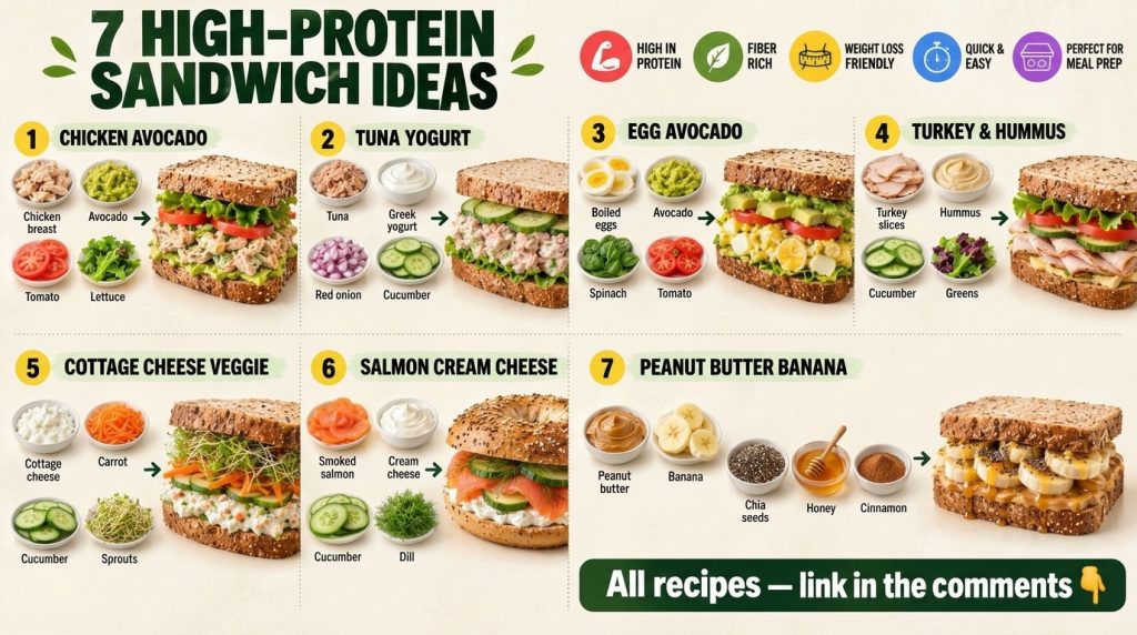 A grid layout infographic showcasing 7 different high-protein sandwich ideas each with a photo of the assembled sandwich