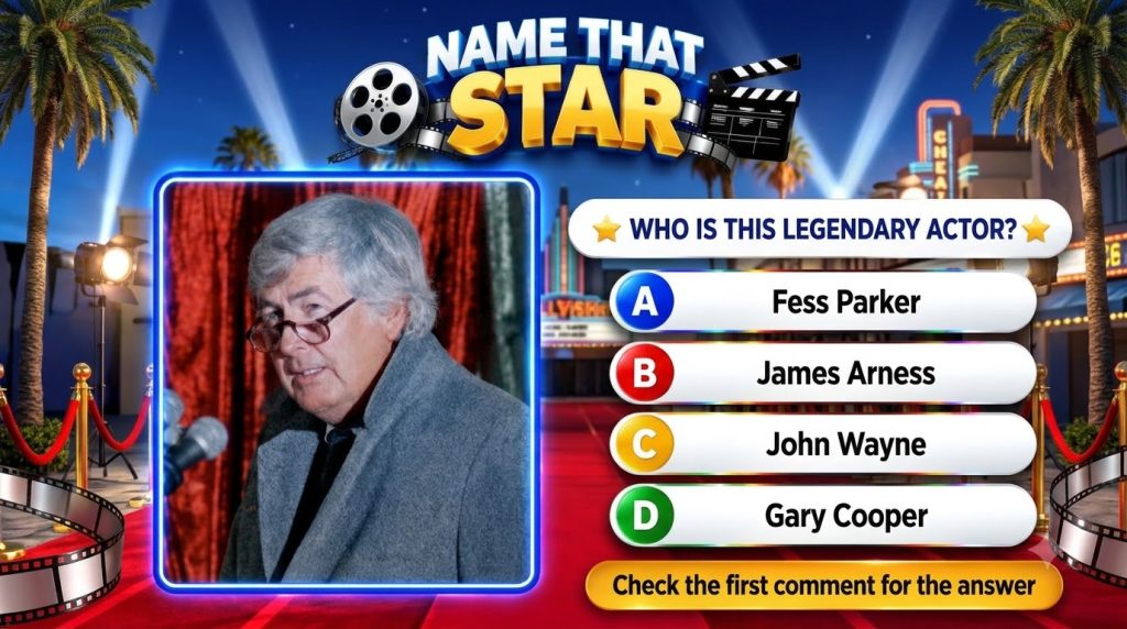 A game-show style graphic featuring an older man with grey hair and glasses wearing a grey coat speaking into a micropho