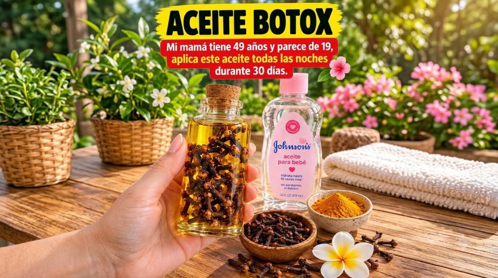 A hand holding a glass bottle filled with oil and cloves next to a baby oil bottle bowls of cloves and turmeric powder a