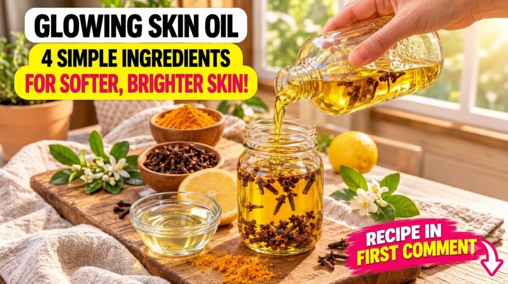 A hand pouring golden oil into a glass jar with cloves surrounded by turmeric lemon slices and whole cloves on a wooden