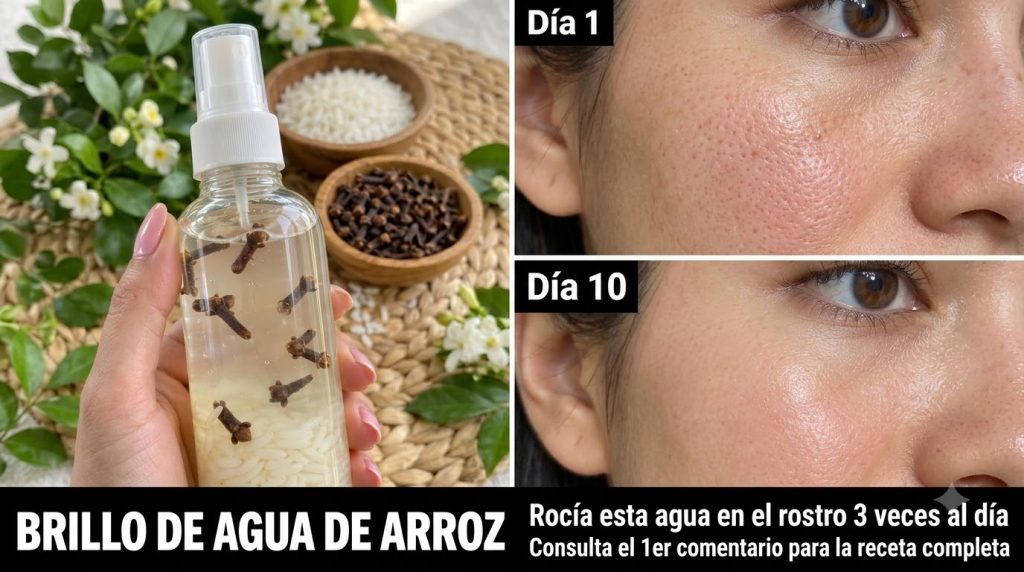 A composite image showing on the left a hand holding a spray bottle with rice water and cloves alongside raw rice grains