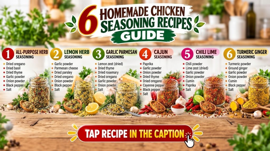 A grid of 6 different homemade chicken seasoning blends in jars with spoons and fresh ingredients like garlic parsley le